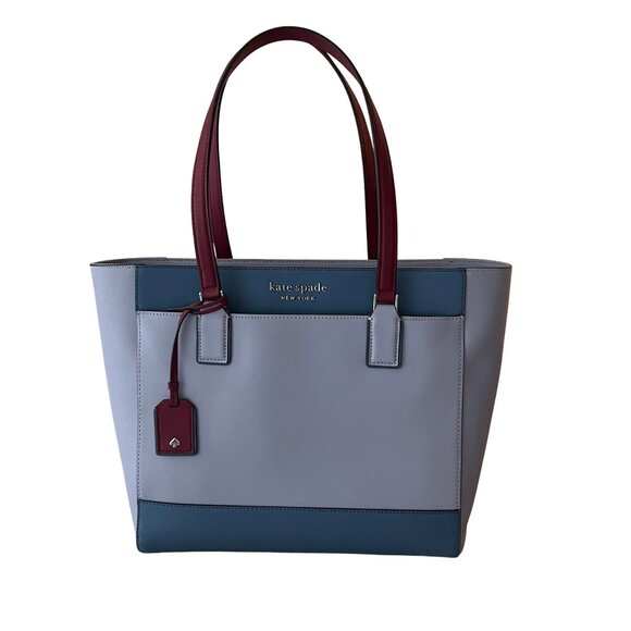Kate Spade New York Colorblock Leather Tote Bag Gray Blue Burgundy Large - Picture 1 of 12
